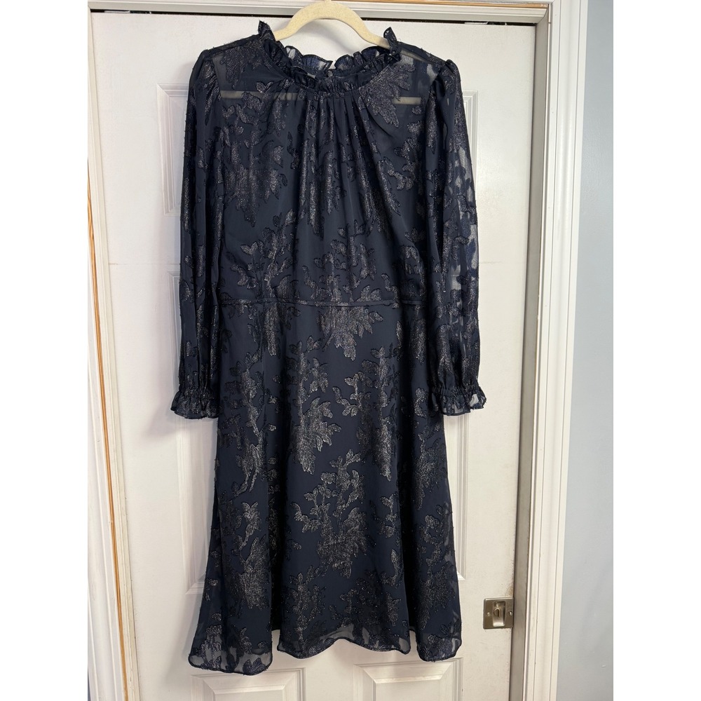 Metallic Floral Navy Midi Dress with Ruffle Neck